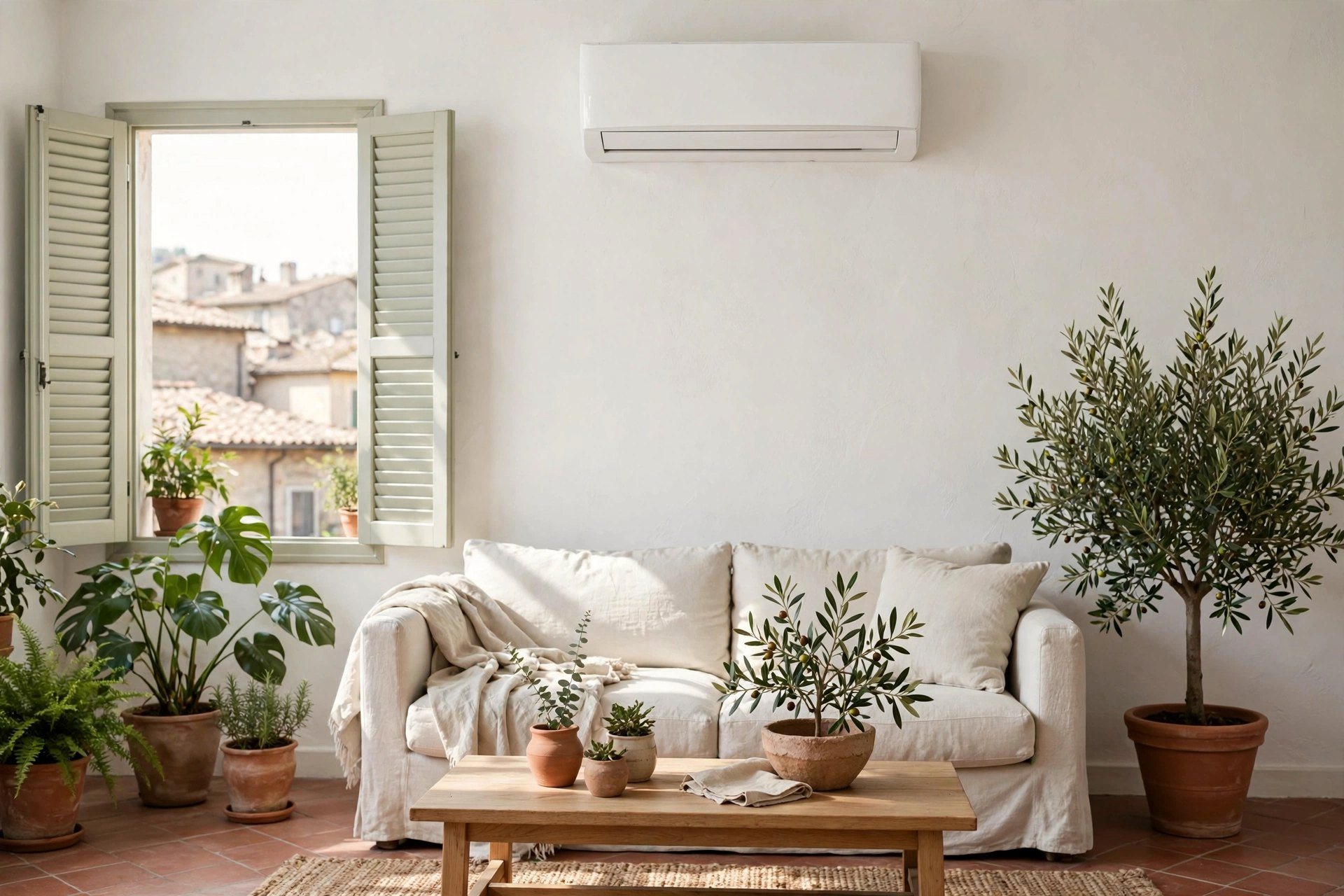Soggiorno luminoso con climatizzatore a parete e piante