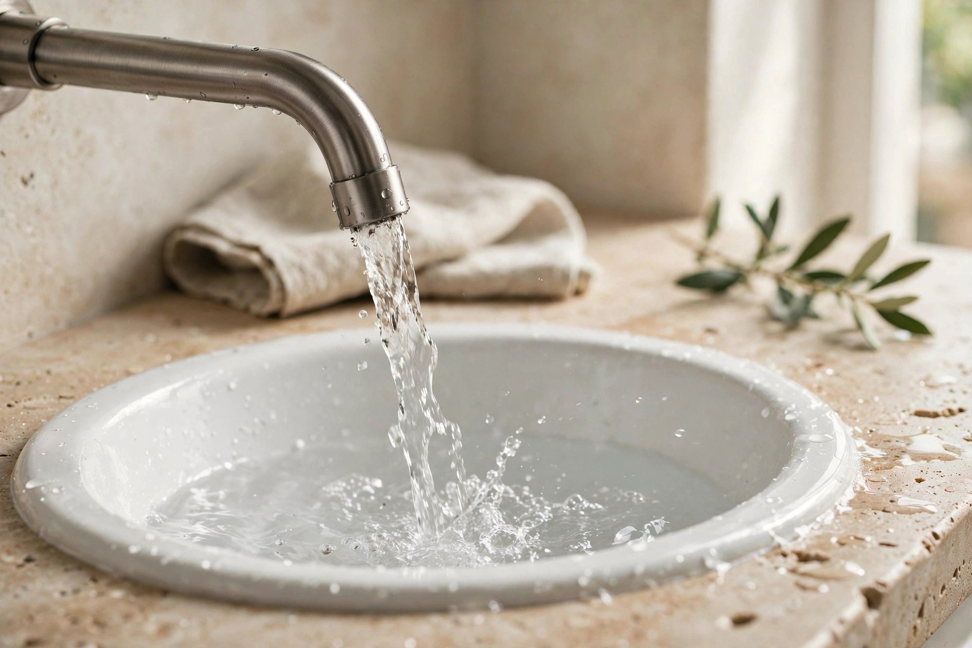Acqua che scorre da un rubinetto in un lavabo in ceramica