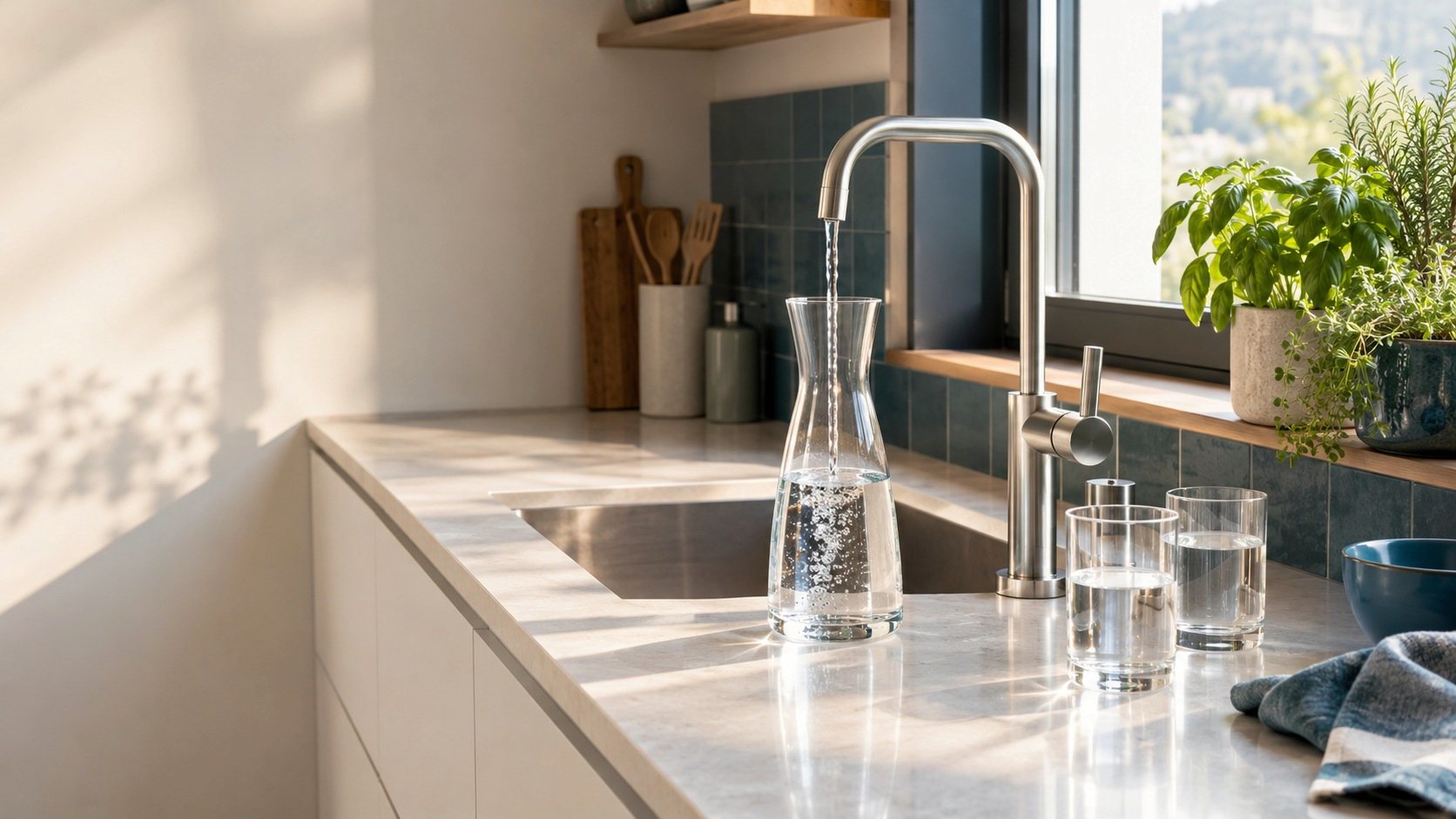 Cucina luminosa con un rubinetto per l'acqua depurata che riempie una caraffa di vetro