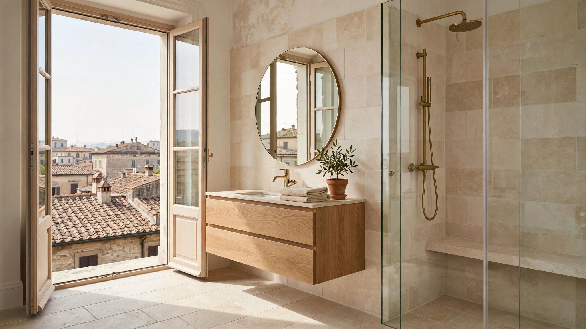 Bagno luminoso con finestra aperta sui tetti